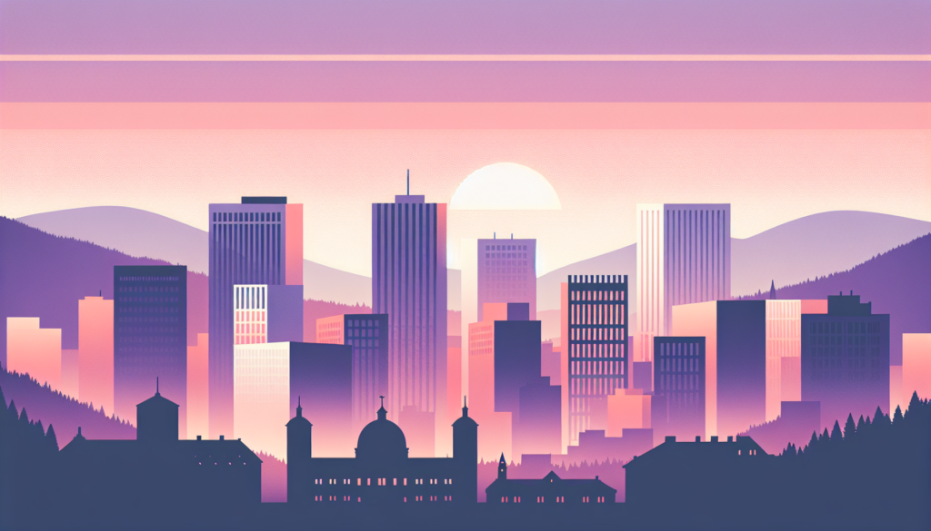 Futuristic cityscape silhouette at sunset with gradient sky, mountains, and modern skyscrapers.