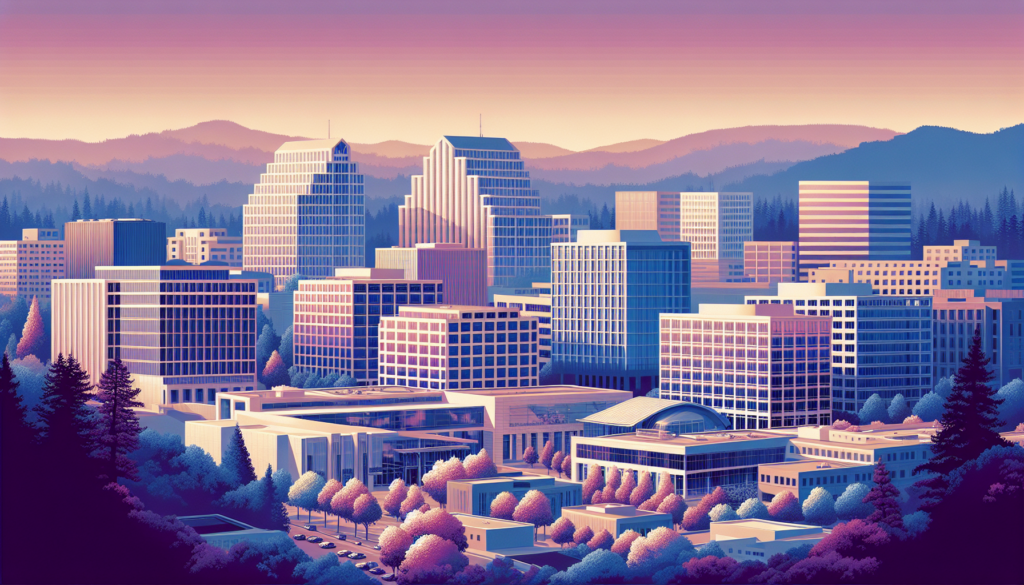 A colorful cityscape at sunrise with mountains in the background, featuring modern office buildings.