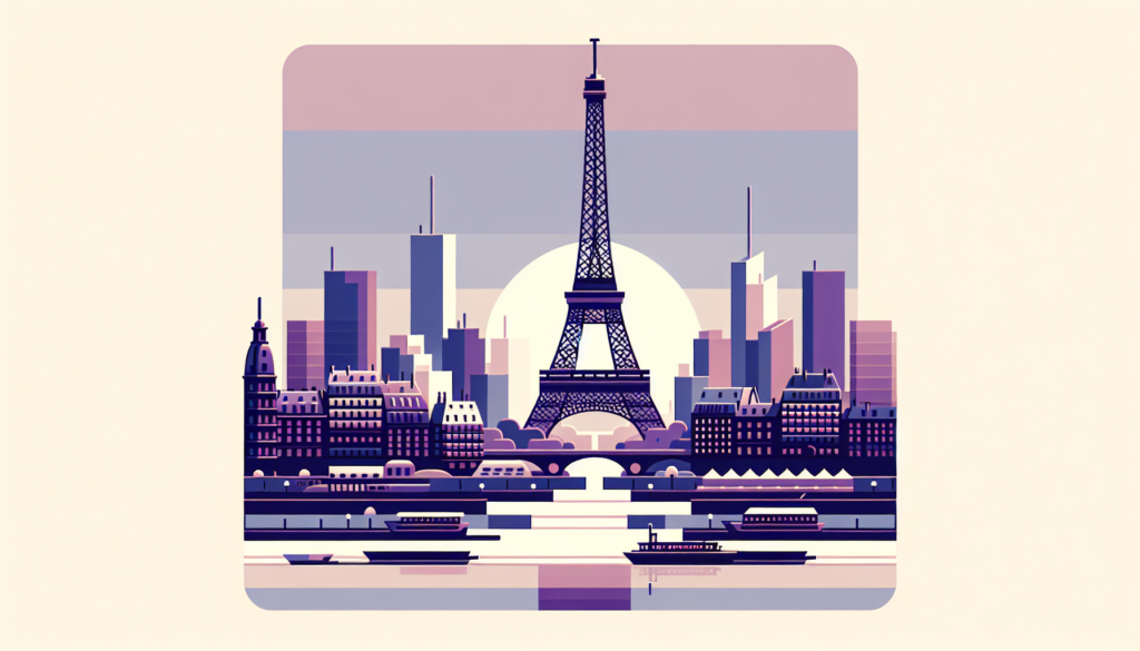 Illustration of Paris skyline featuring the Eiffel Tower with boats on the Seine River at sunset.