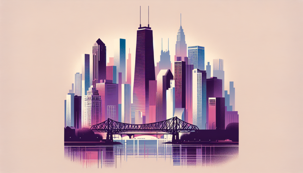 Modern city skyline illustration with bridge, colorful skyscrapers, and pink hues against a soft background.