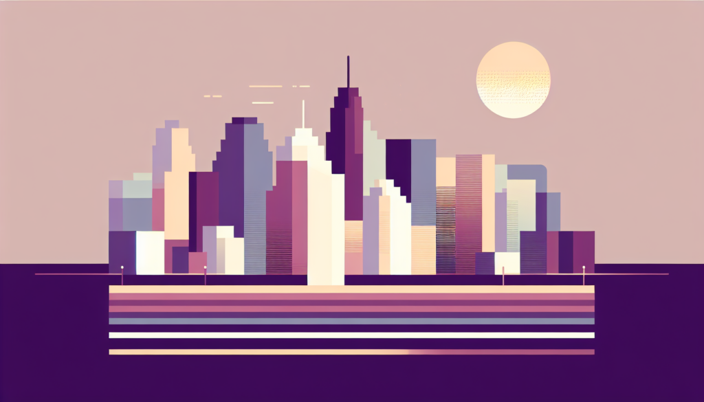 Futuristic cityscape illustration with geometric skyscrapers and a rising sun in pastel colors.