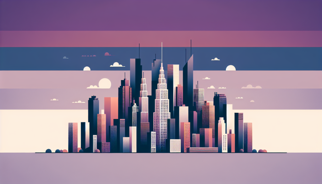 Futuristic city skyline with colorful skyscrapers and abstract sky background in vibrant sunset hues.