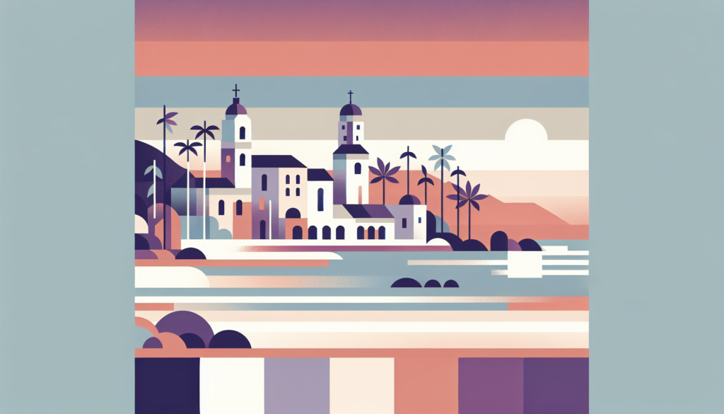 Modern abstract landscape with coastal architecture, palm trees, and sunset hues of pink, blue, and purple.