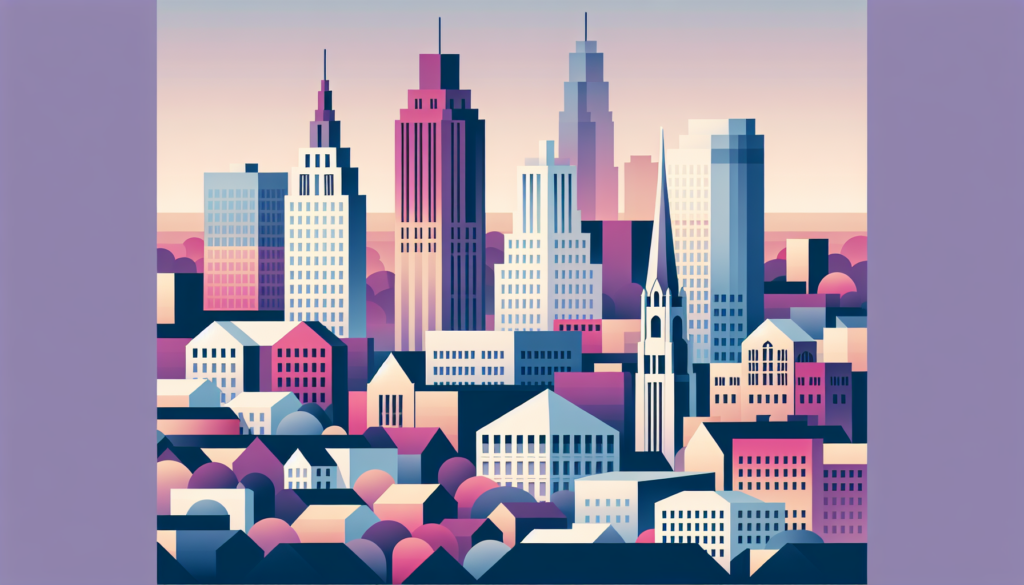 Futuristic city skyline illustration with pastel skyscrapers and urban architecture at sunset.