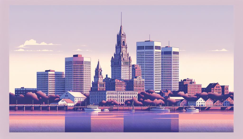 Illustrated city skyline at sunset with modern and historic architecture reflected in calm river.