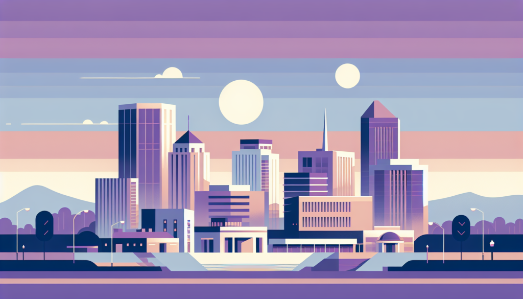 Futuristic cityscape illustration with modern skyscrapers, sunset sky, and vibrant pastel colors.