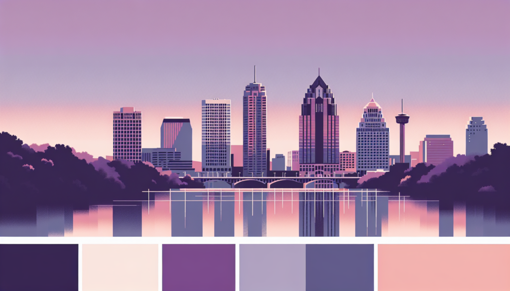 Vibrant city skyline illustration at sunset with calm river reflection, featuring pastel color palette.