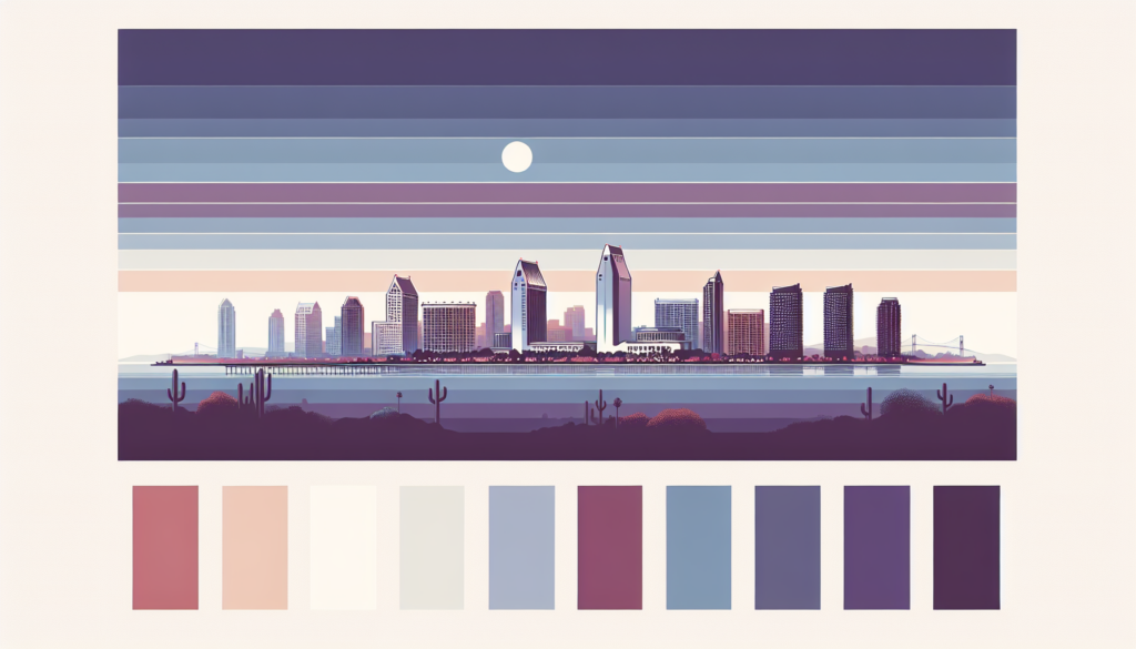 Stylized San Diego skyline illustration with pastel color palette and desert landscape elements.