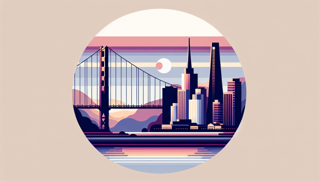 Illustrated San Francisco skyline with Golden Gate Bridge at sunset, featuring bold geometric shapes.