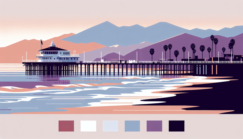 Illustrated coastal pier at sunset with mountains and palm trees in pastel tones.