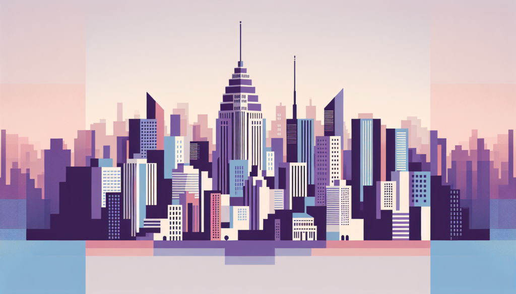 Futuristic city skyline with geometric buildings at sunrise, blending pastel hues and modern architecture.