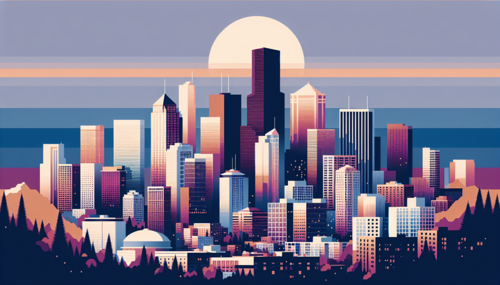 Colorful city skyline illustration with sunset backdrop, featuring silhouette of modern buildings and mountains.