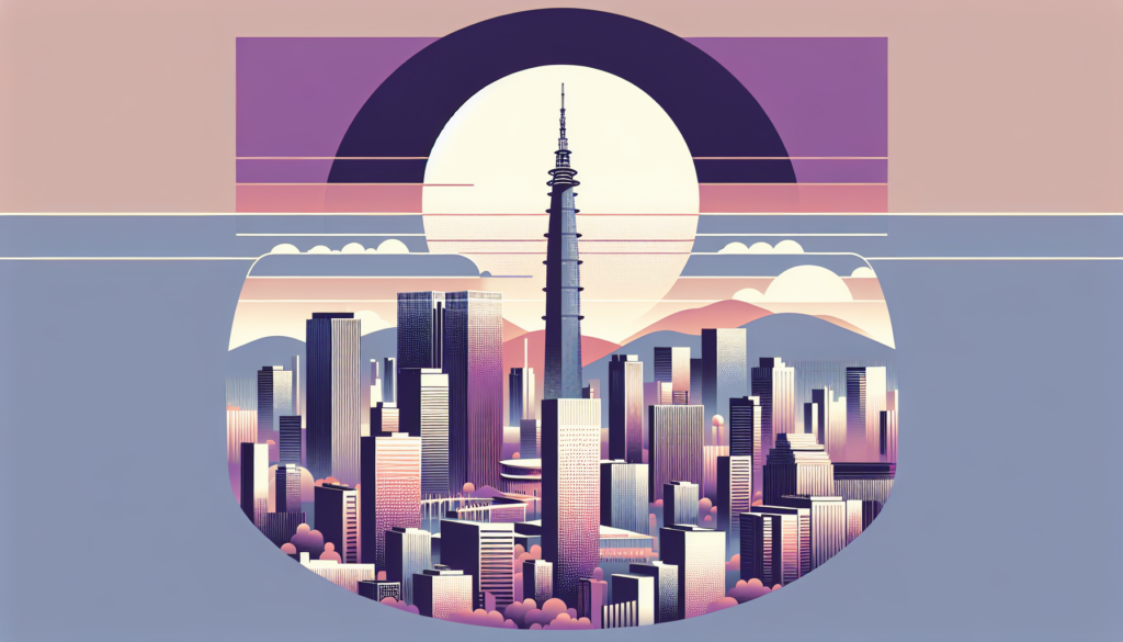 Futuristic cityscape illustration with towering buildings, vibrant sunset, and geometric design elements.