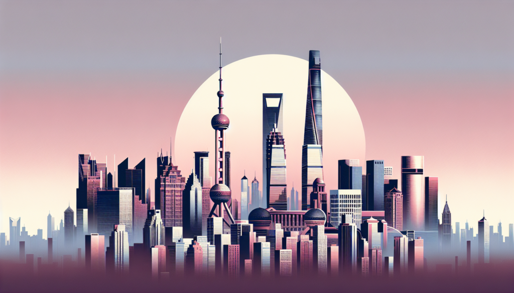 Futuristic city skyline illustration at sunset with modern skyscrapers and a gradient pink sky.