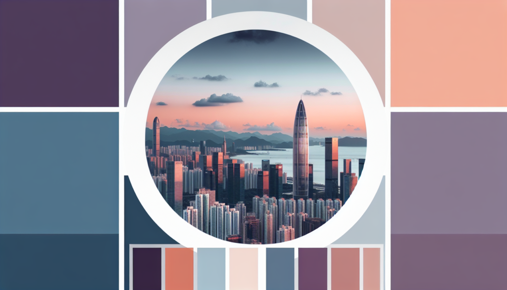 Modern skyscrapers in a vibrant city skyline at sunset, framed by a creative color palette design.