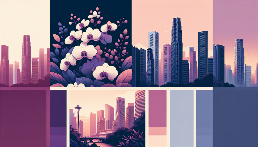 AI-generated cityscape and floral art with vibrant color palettes, featuring modern skyscrapers and orchids.