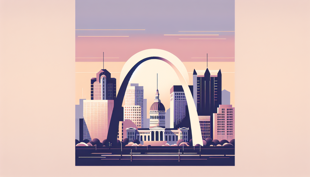 Illustrated cityscape with iconic arch and buildings during a pastel sunset, representing St. Louis skyline.