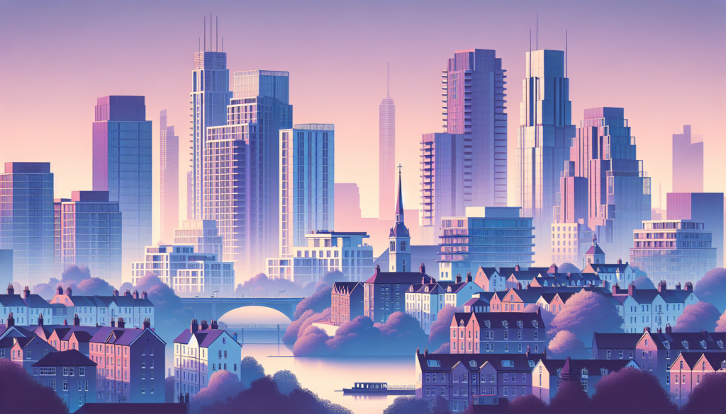 Futuristic cityscape at sunset with skyscrapers and quaint houses by a river, vibrant purple hues.