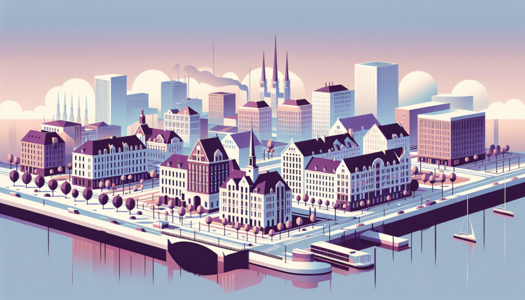 Illustrated cityscape with skyline, buildings, and waterfront, in soft pastel colors and modern design.