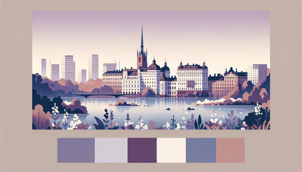 Illustrated cityscape with pastel colors, featuring historic buildings and a tranquil river setting.