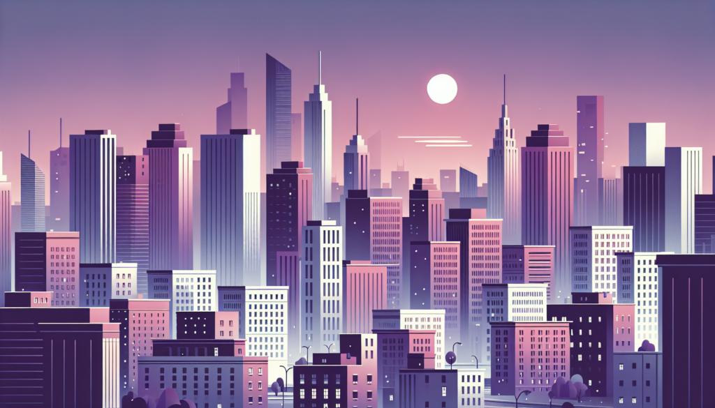 Illustrated city skyline at sunset with vibrant pink and purple hues, highlighting modern skyscrapers.