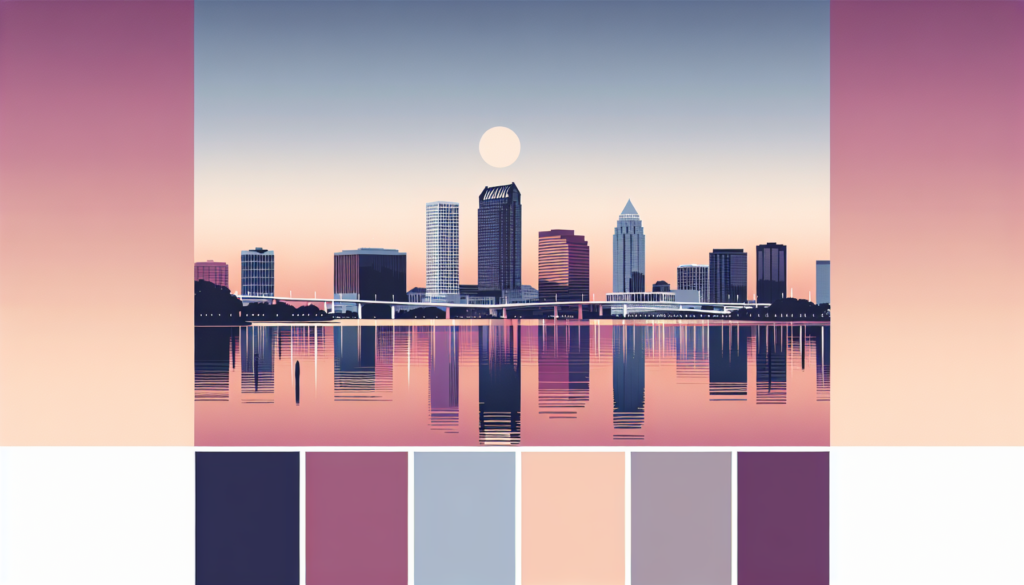 Colorful city skyline at sunset with reflection on water, featuring a harmonious pink and purple palette.