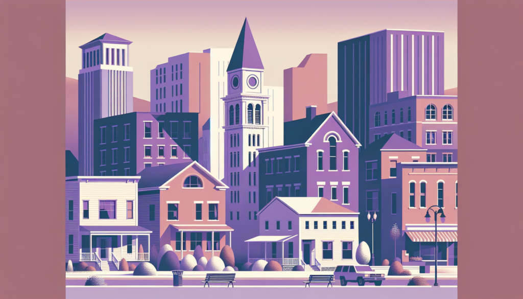 Stylized cityscape illustration with diverse architectural styles and vibrant pastel colors.