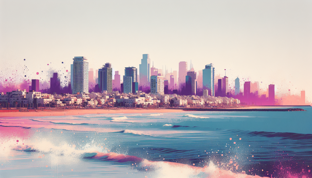 Colorful cityscape at dawn, beachfront skyline with artistic splash effect, pink and blue tones, serene waves.