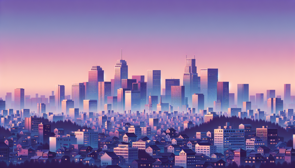 Futuristic city skyline at dawn with skyscrapers and urban landscape in vibrant hues.