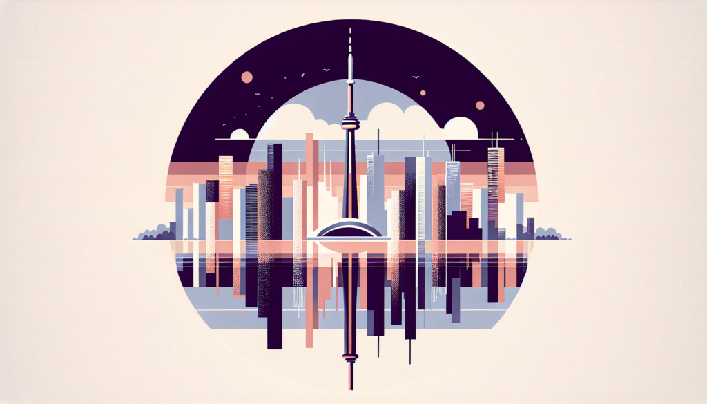 Futuristic cityscape illustration with abstract skyline and reflections, featuring geometric buildings.