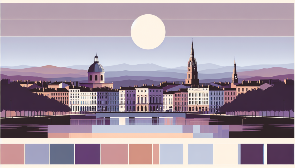 Illustrated cityscape at sunset, purple tones reflecting on water, mountains in background.