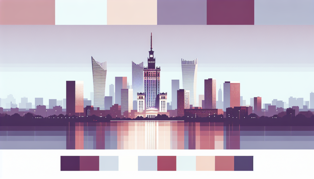 Modern architectural skyline of Warsaw at sunset, with geometric art and pastel color palette.