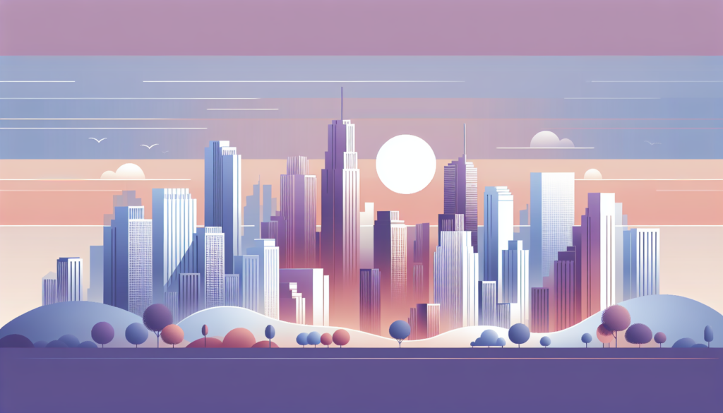 Futuristic city skyline at sunset with pastel colors and modern skyscrapers, serene urban landscape.