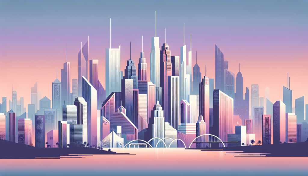 Futuristic city skyline with modern skyscrapers at sunset, featuring pastel tones and geometric architecture.