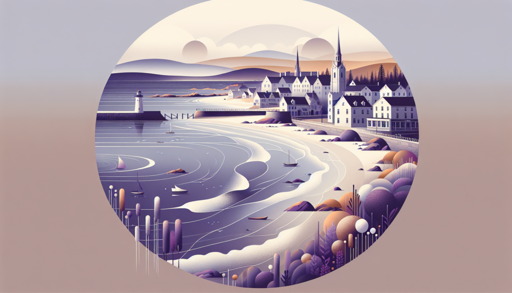 Illustration of a serene coastal town with a lighthouse, sandy beach, and sailboats, highlighting tranquil seaside beauty.