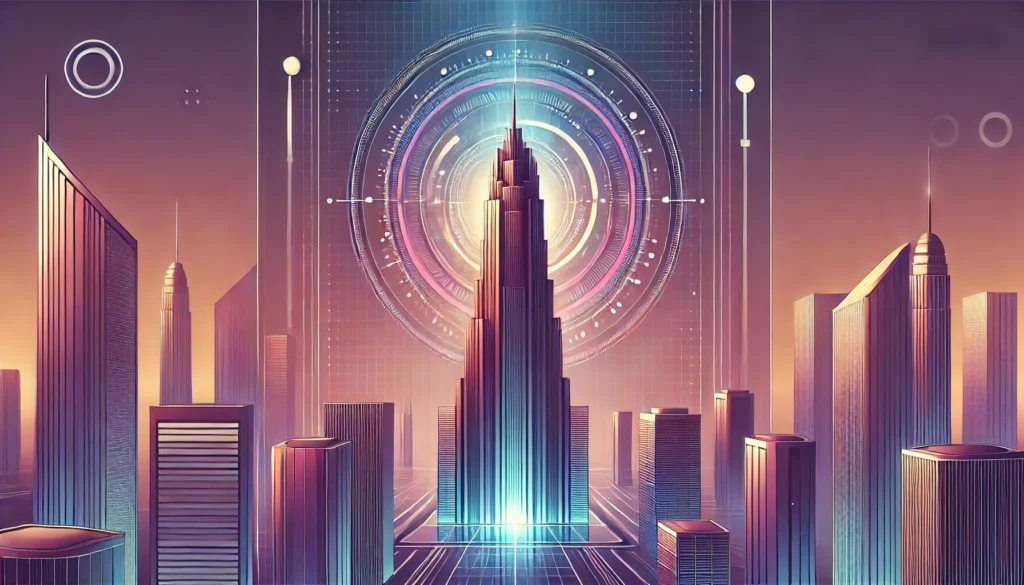 Futuristic cityscape with a towering skyscraper at the center, surrounded by glowing circular interfaces and tall buildings, symbolizing advanced urban innovation and digital progress.