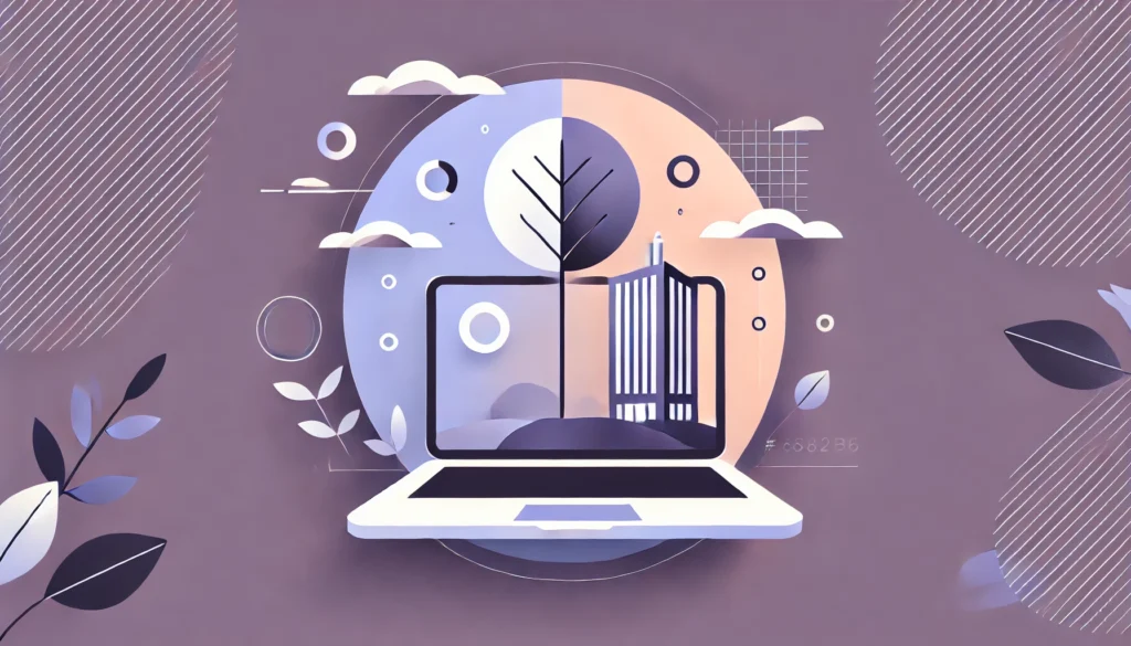 Abstract, dual-toned illustration of a laptop displaying a split landscape with a tree on one side and a building on the other, symbolizing the balance of nature and urban innovation in a pastel purple palette.