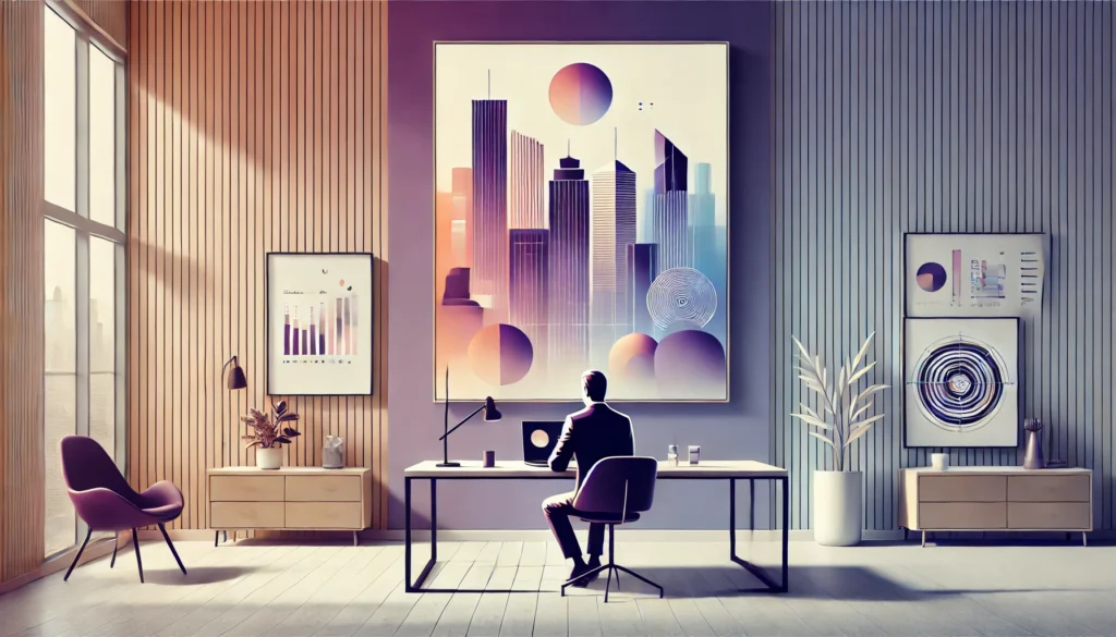 Modern workspace with vertical wood paneling and tall windows, showing a business professional at a sleek desk. Large abstract cityscape art and minimalist data prints decorate the walls, symbolizing creativity and analytical thinking.