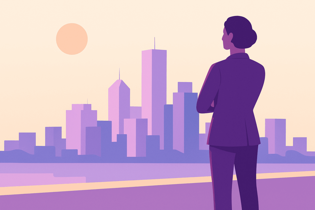 Minimalist illustration of a confident business leader in a purple suit overlooking a modern city skyline at sunset, symbolizing strategic financial growth and clarity for eCommerce brands.