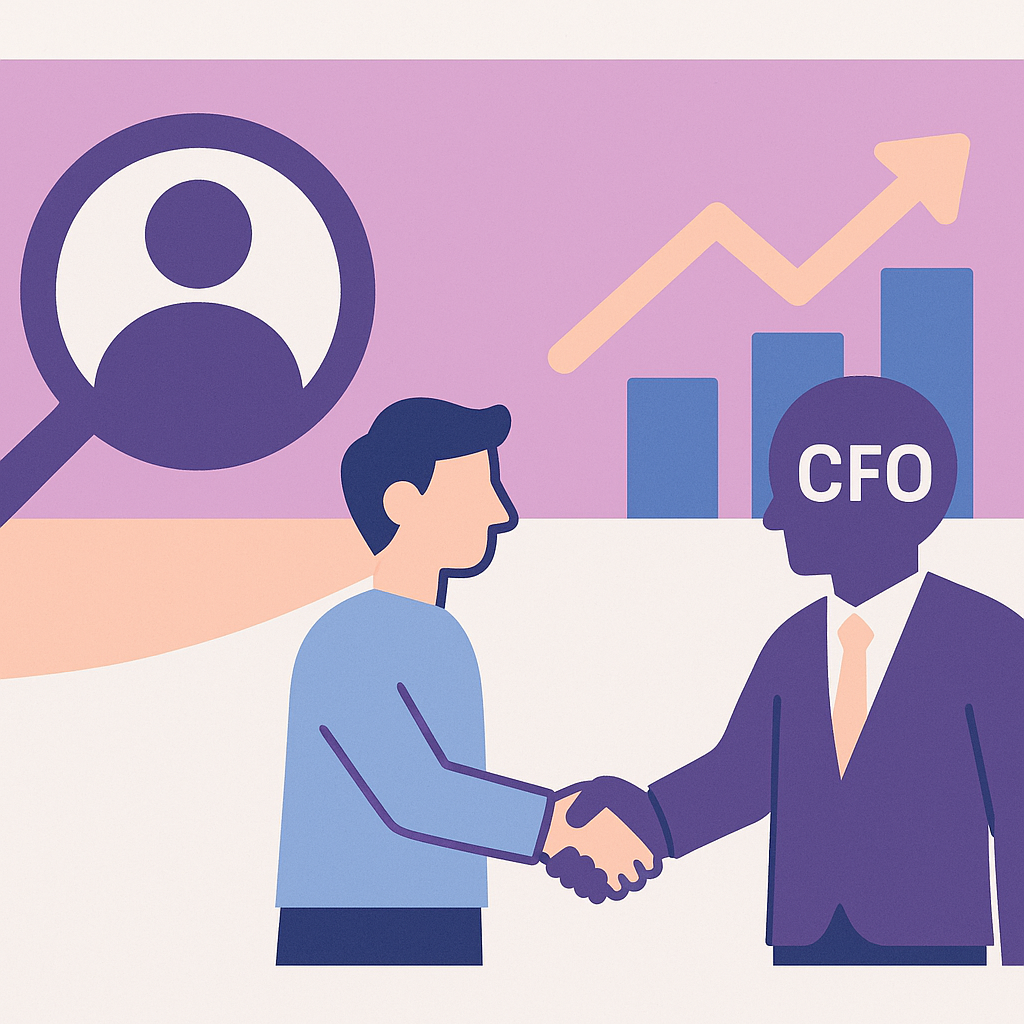 Minimalist illustration of a founder shaking hands with a CFO, framed by a magnifying glass and rising bar‑chart arrow, depicting the vetting and profitable partnership of hiring a Fractional CFO.
